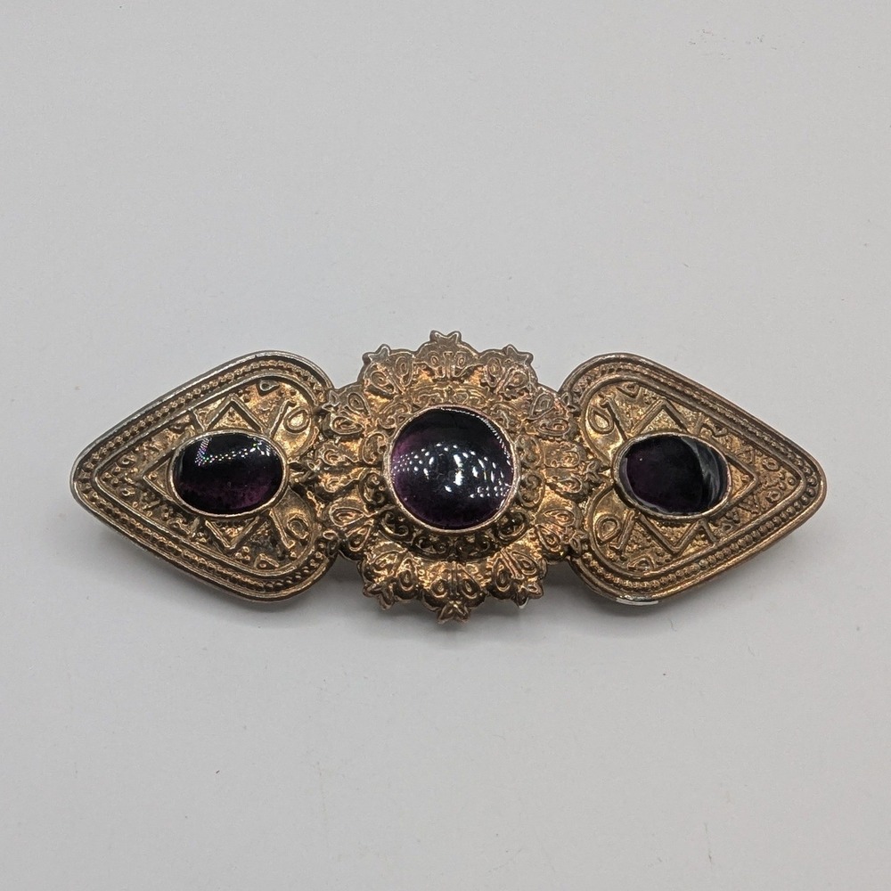 Philips Vintage Gold Tone Purple Faux Amethyst Cabochon Ornate Hair Barrett Clip